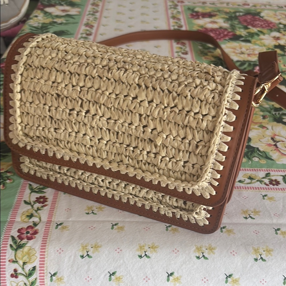 Brown and Cream rattan Crossbody Bag with Leather Trim